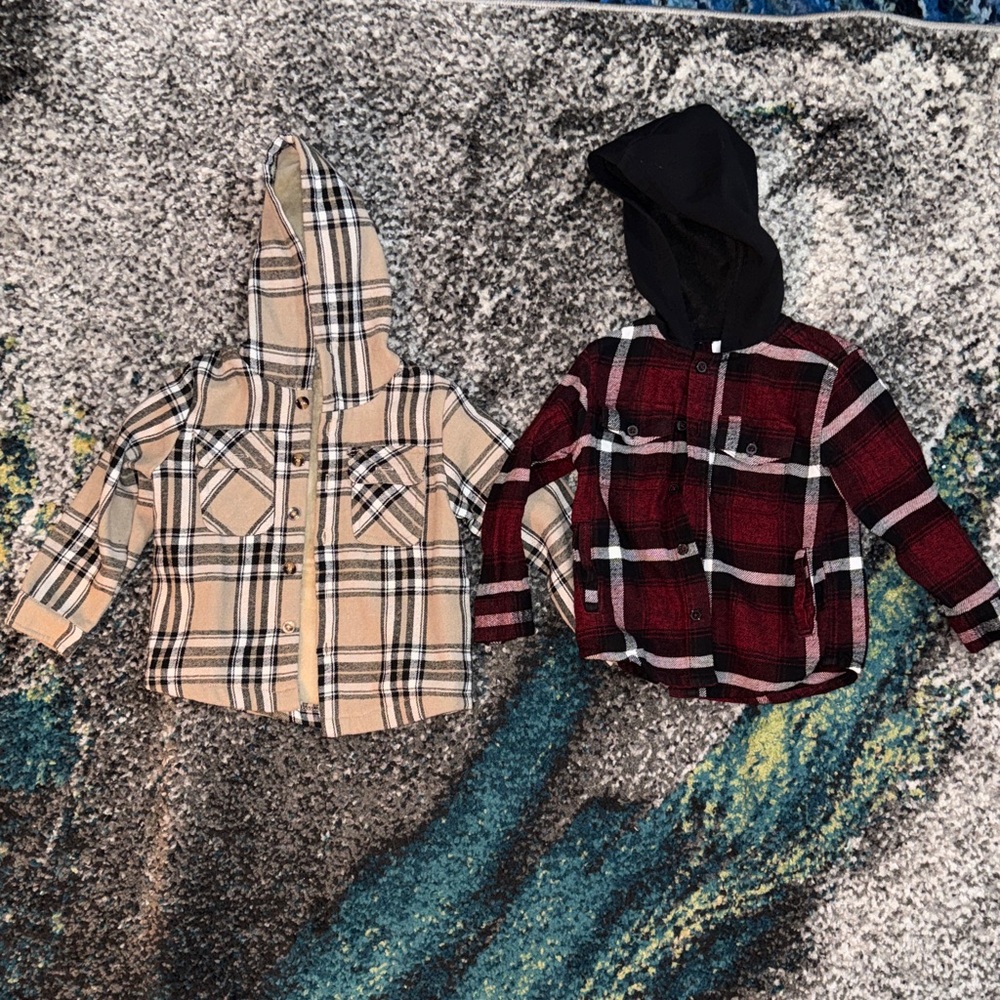 Kids Plaid Hooded Button-Down Shirt - Beige and Red